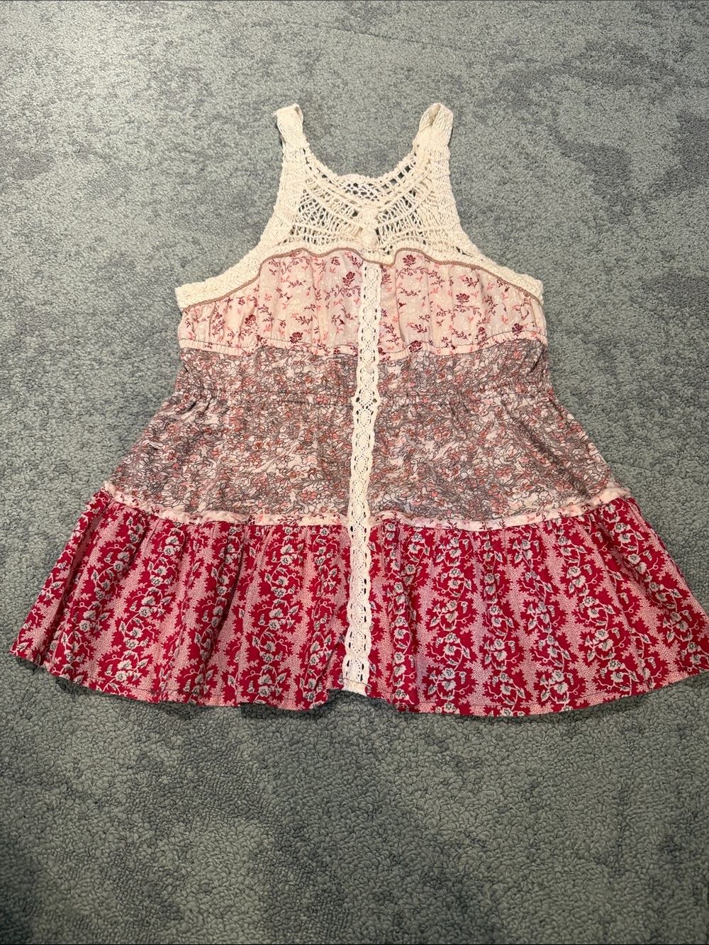 Free People Floral Crochet Tank Top - Red & Cream - Size Small